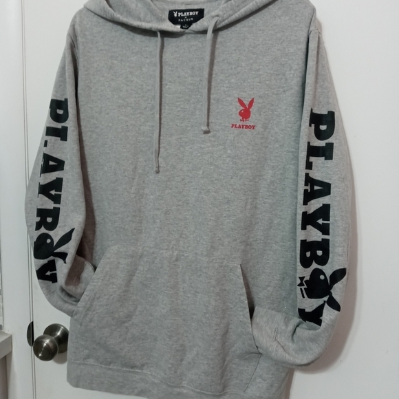 Playboy X PacSun pullover Logo Fleece Gray Hooded sweatshirt Kangaroo Pocket L - Picture 5 of 6